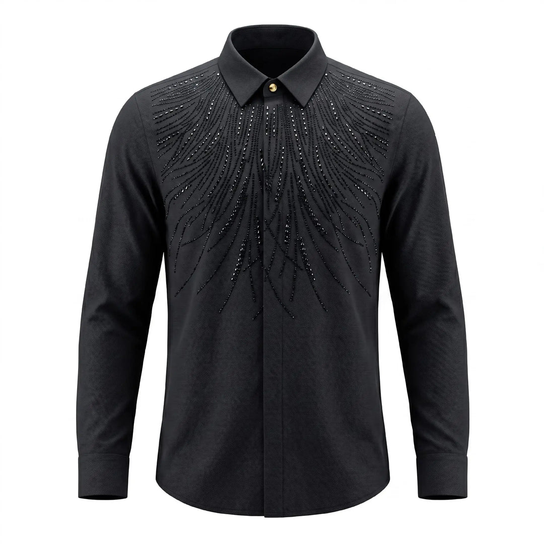 Black rhinestone dress shirt with spread collar and feather-like sparkly chest design