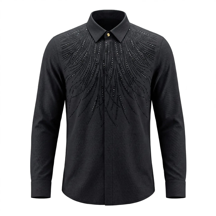 Black rhinestone dress shirt with spread collar and feather-like sparkly chest design