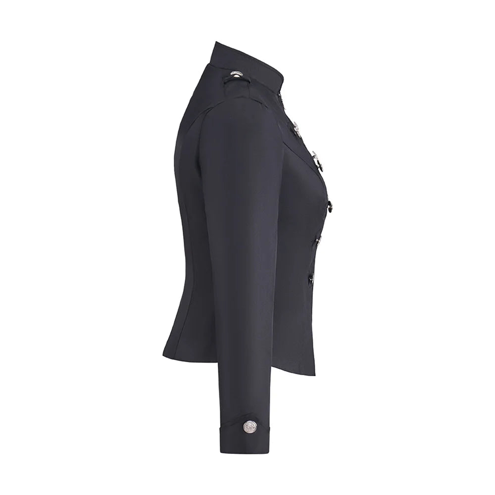 Black blazer side view with shoulder epaulet and silver buttons