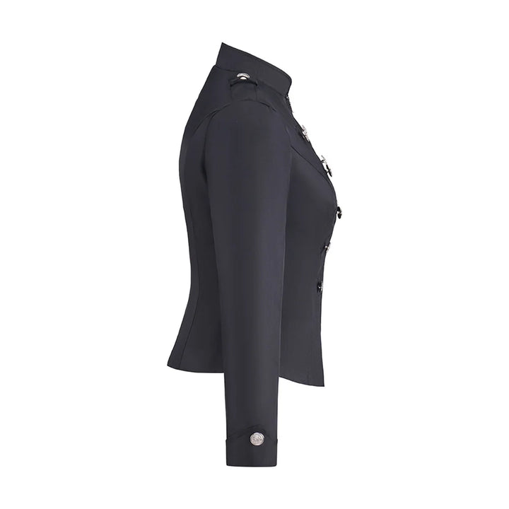 Black blazer side view with shoulder epaulet and silver buttons