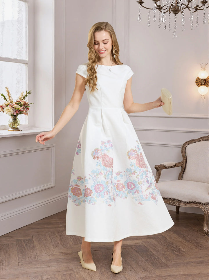 White A-line prom dress with pastel floral skirt and short sleeves