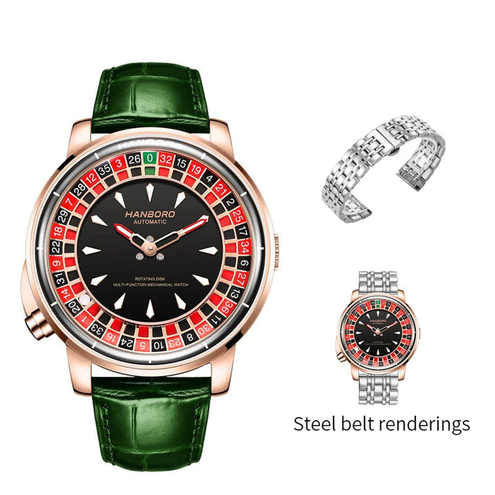 HANBORO watch with green leather strap and steel belt renderings on a white background