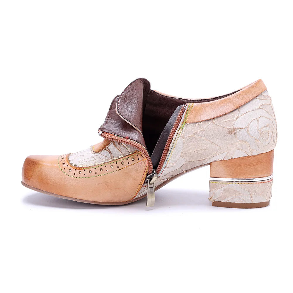Women’s lace-up heel shoes with side zipper, light khaki-beige and white patterned leather