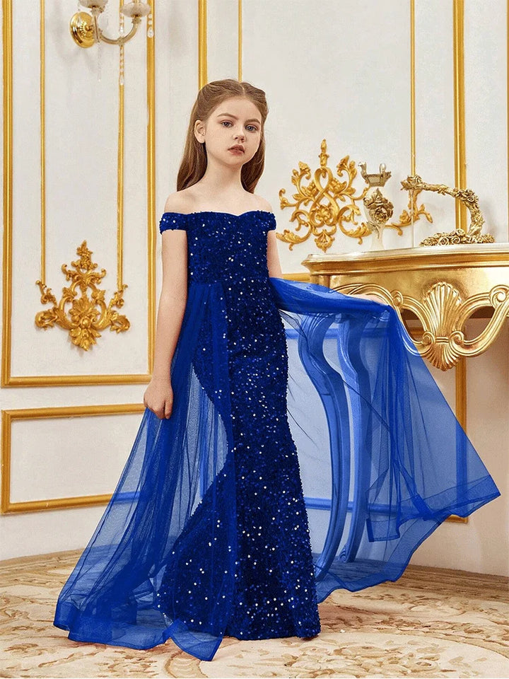Robe de soirée sans manches en tulle pailleté pour fille