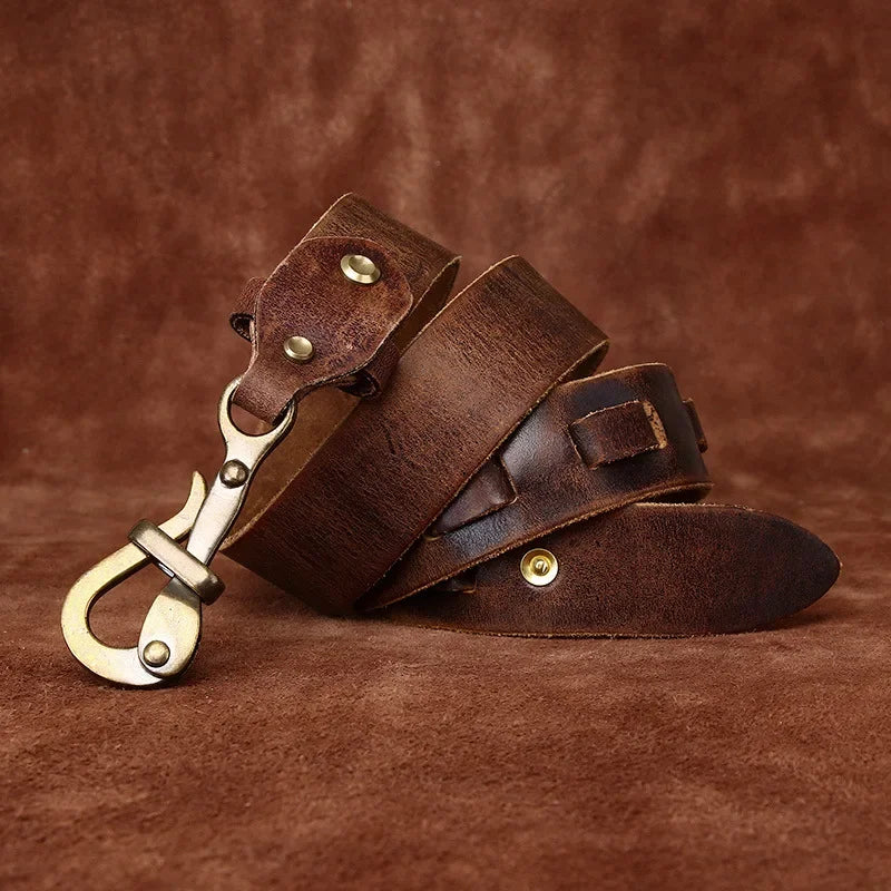 Coffee-brown distressed leather men’s belt with brass buckle and metal keeper loop