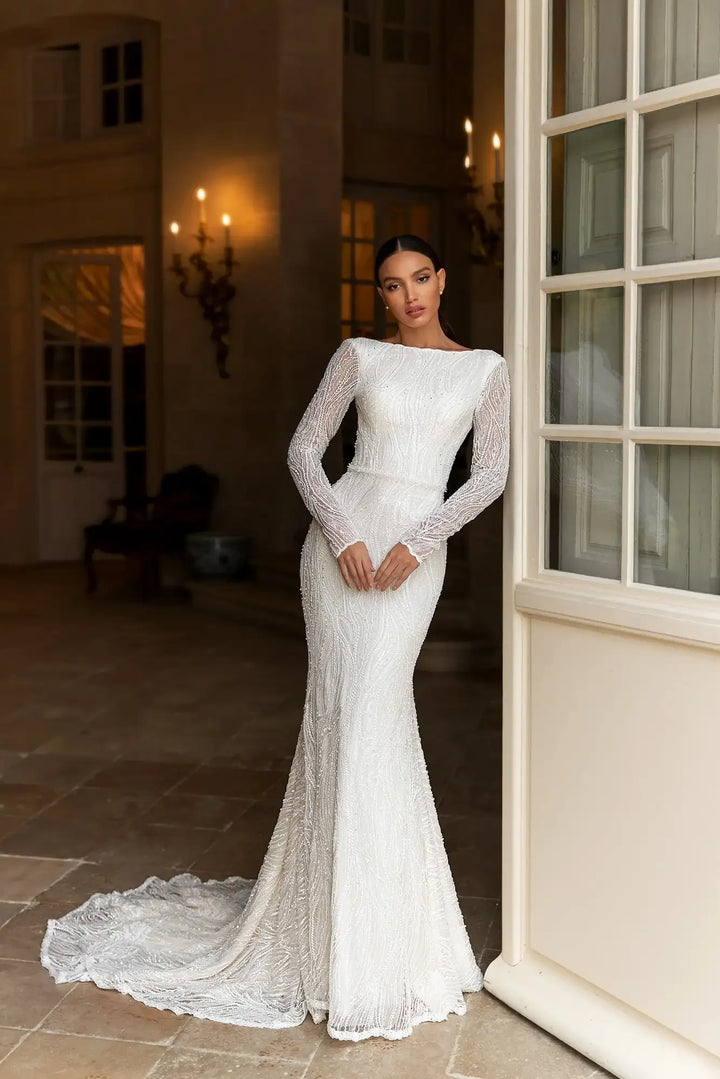 Refined Appliqued Sweep Train Bridal Gown