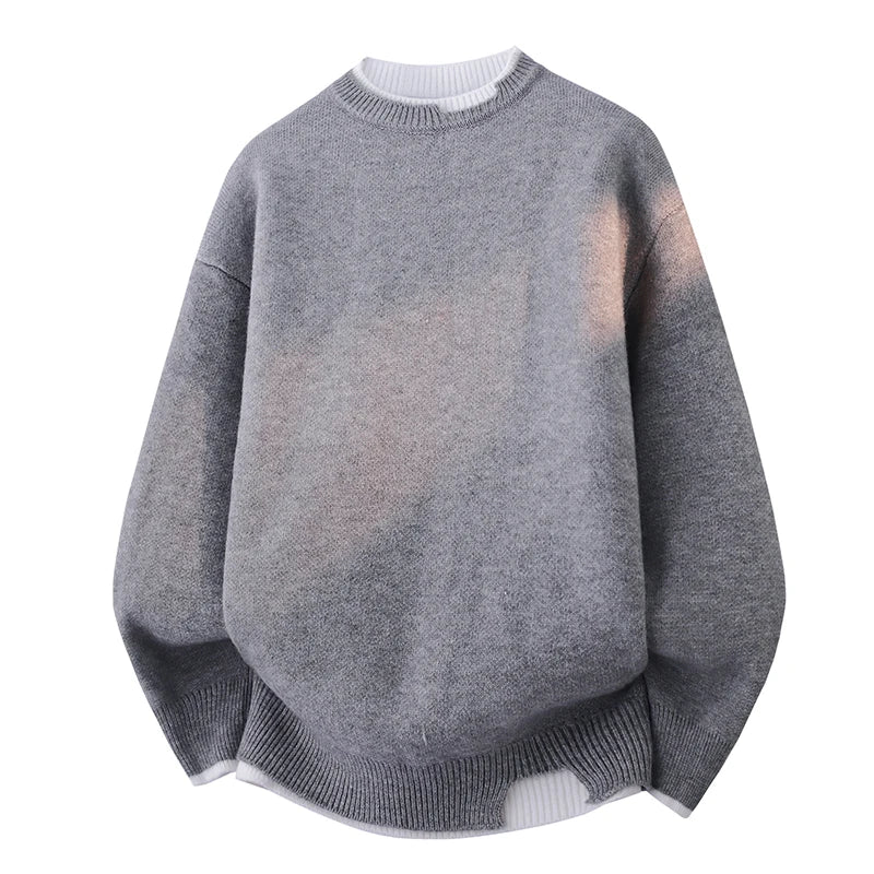 Off-white knit pullover sweater with black ribbed cuffs and hem detail.