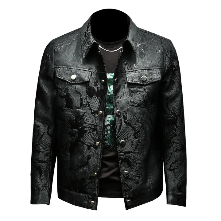 Black textured jacket on a gray background