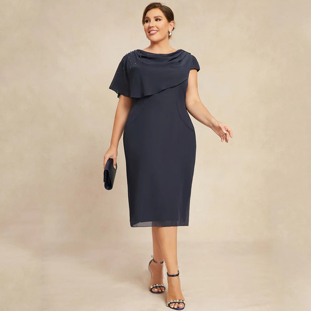 Dark navy chiffon midi party dress with flutter cap sleeves and round neck
