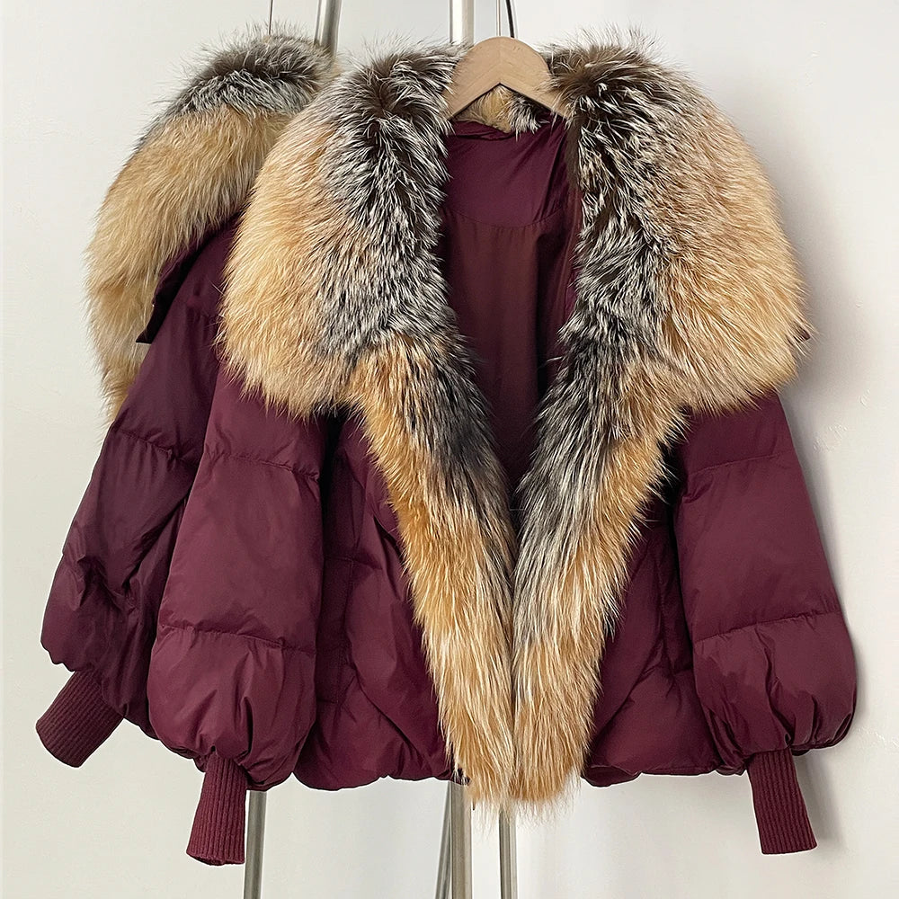 Burgundy puffer coat with multicolor faux-fur hood and front trim, ribbed cuffs