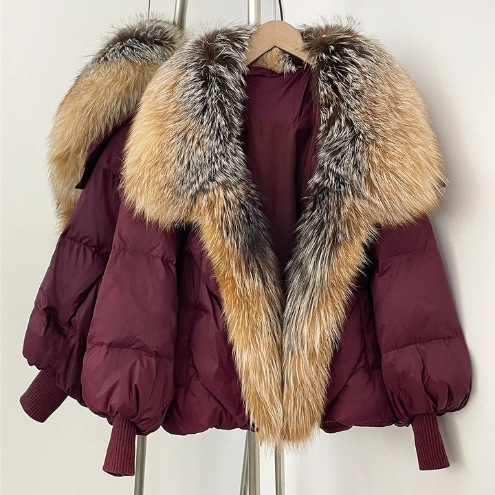 Burgundy puffer coat with multicolor faux-fur hood and front trim, ribbed cuffs