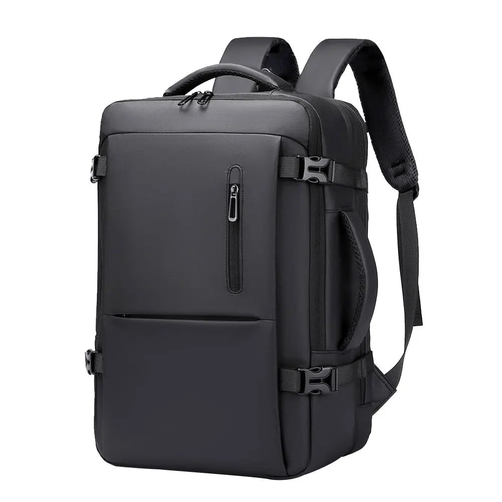 Dark travel backpack with zip front pocket, side straps, and adjustable shoulder straps