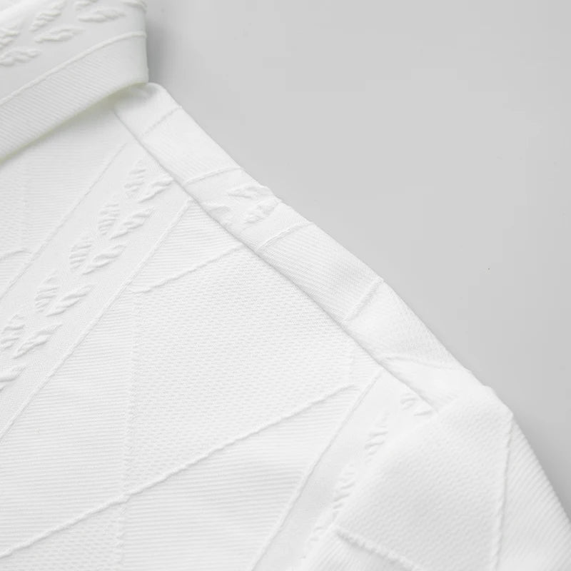 White plaid knit shirt sleeve and shoulder seam detail