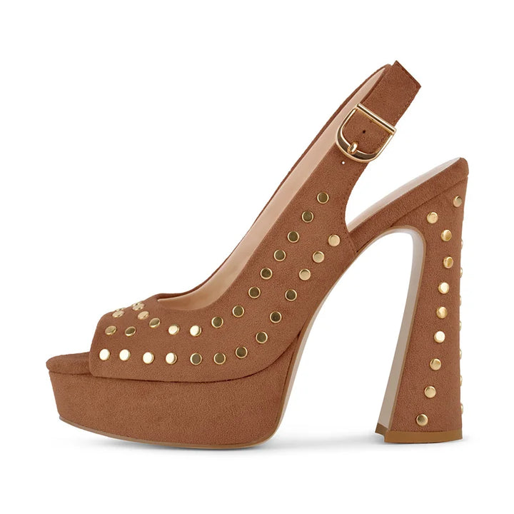 Refined faux suede heel sandals, brown slingback with gold studs and ankle buckle strap