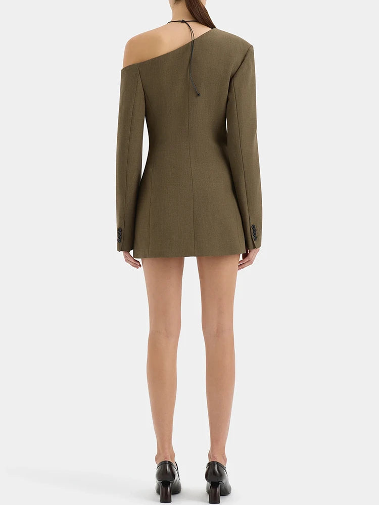 Coffee brown backless slim-fit blazer with long sleeves and back tie detail