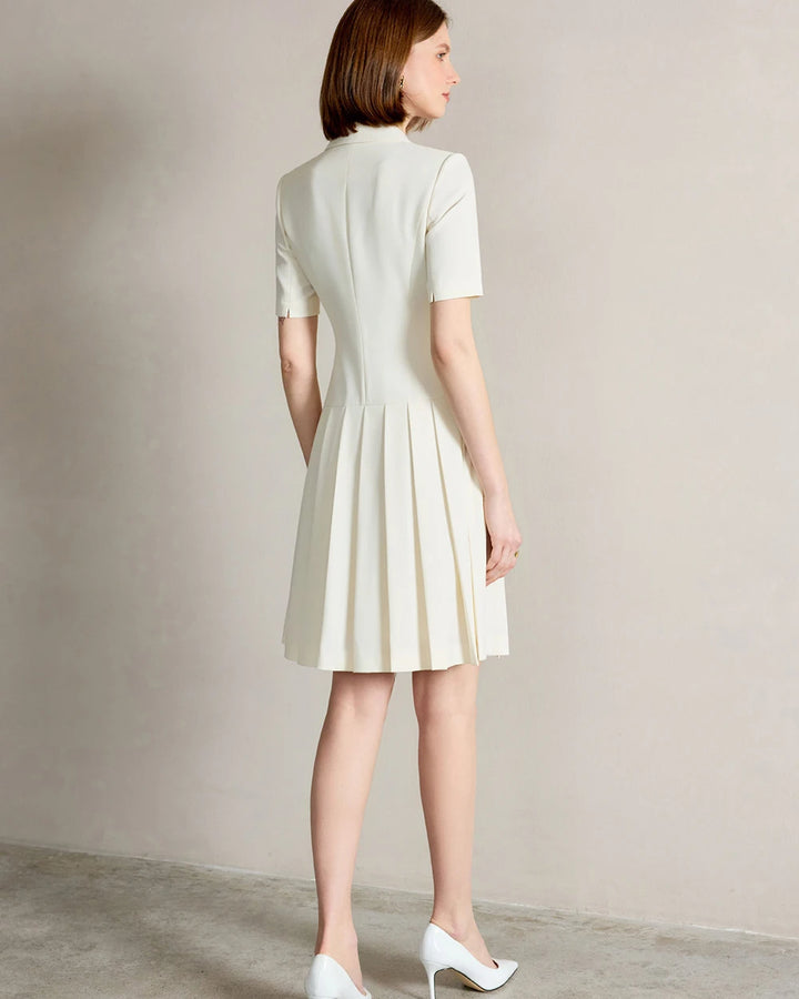 Back view of beige A-line dress with short sleeves and pleated skirt