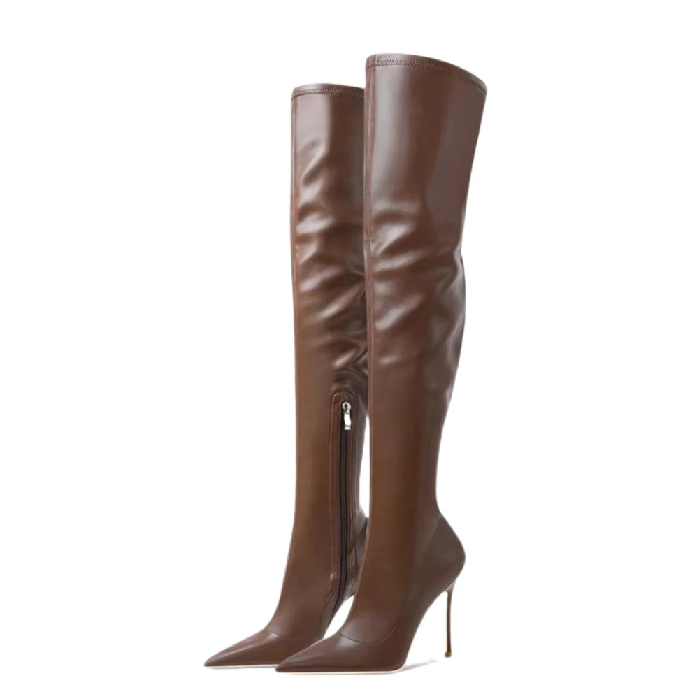 Brown knee-high stiletto heel boots with pointed toe and side zipper