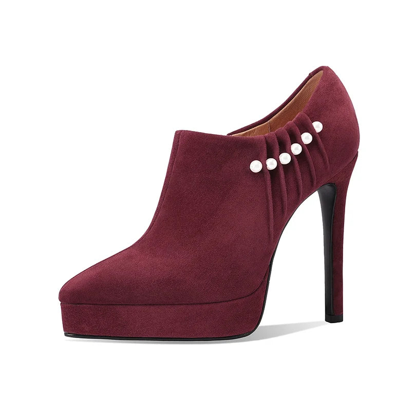 Women’s burgundy suede heel pumps with pleated collar and pearl-stud lace
