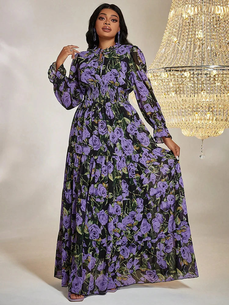 Vintage Print Plus Size Chiffon Maxi Dress
