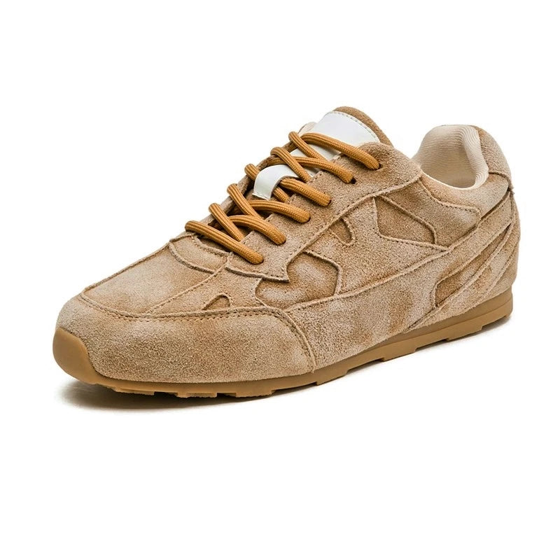 Women's leather flat sneakers in khaki beige with tan laces and textured upper