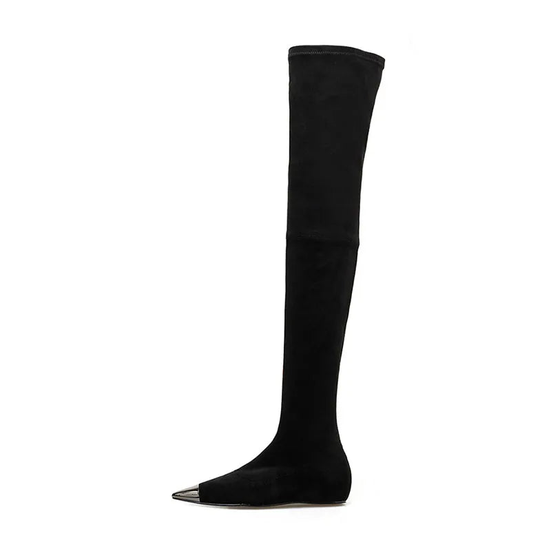 Black thigh-high faux suede boot with pointed toe and slim heel.