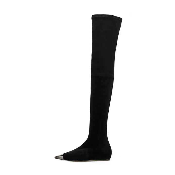 Black thigh-high faux suede boot with pointed toe and slim heel.