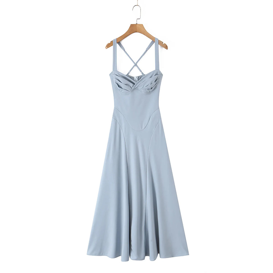 Blue gray lace-up ruched midi dress on hanger with crisscross straps and flared skirt