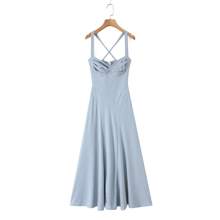 Blue gray lace-up ruched midi dress on hanger with crisscross straps and flared skirt