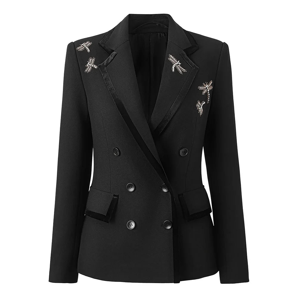 Black double-breasted slim blazer with embroidered patch details and front buttons