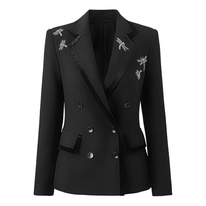 Black double-breasted slim blazer with embroidered patch details and front buttons