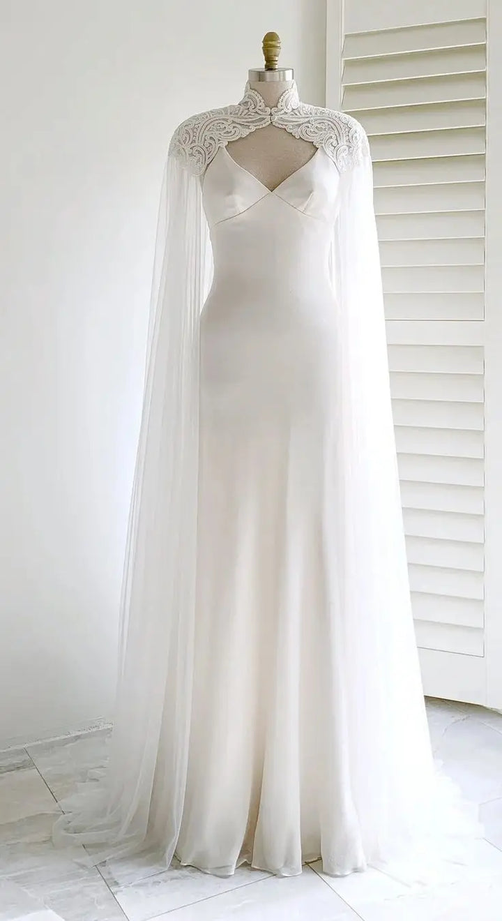 Stunning Appliqued Long Tulle Bridal Cape