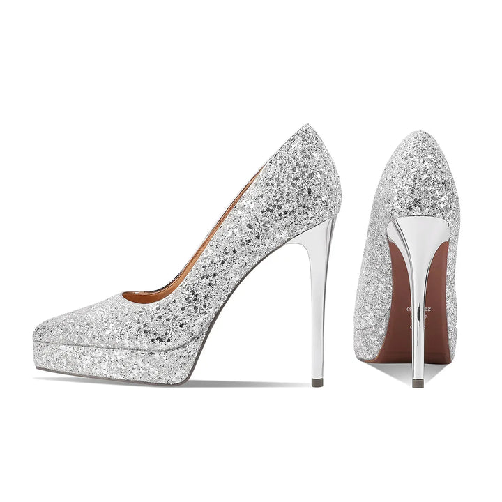Sparkly sequin pointed heel pumps, glitter silver with silver-tone stiletto heel, side and back view.