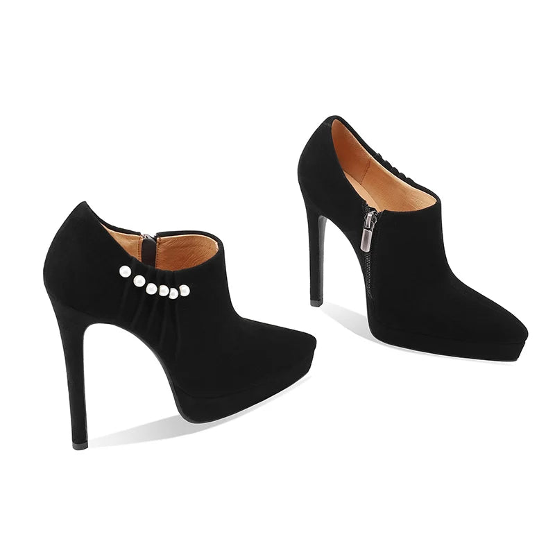 Black suede ankle heel pumps, pair view with pearl-look strap trim