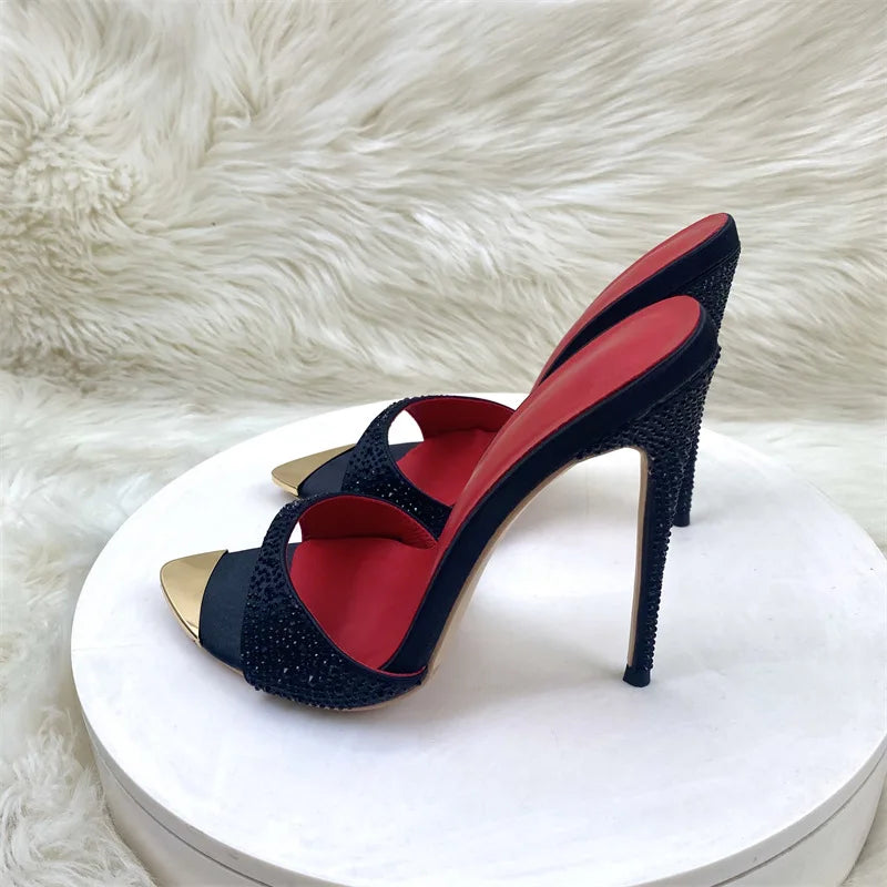 Crystal Black Shiny High Heeled Sandals