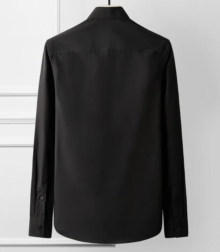 Black slim-fit dress shirt with rhinestone-embellished placket, back view