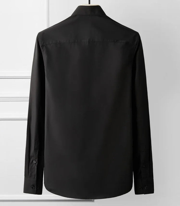 Black slim-fit dress shirt with rhinestone-embellished placket, back view