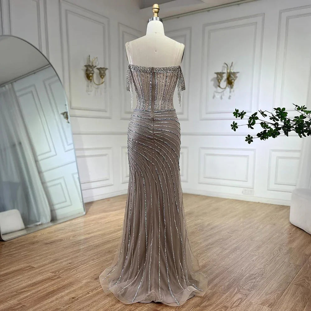 Boat Neck Elegant Beaded Evening Gown