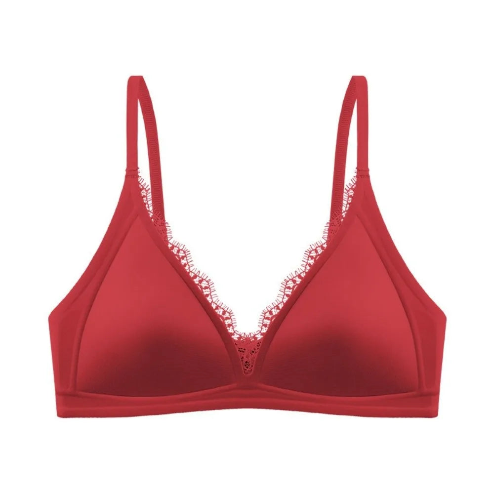 Red wireless V-neck satin bra with lace trim and seamless, traceless straps.