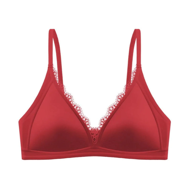 Red wireless V-neck satin bra with lace trim and seamless, traceless straps.