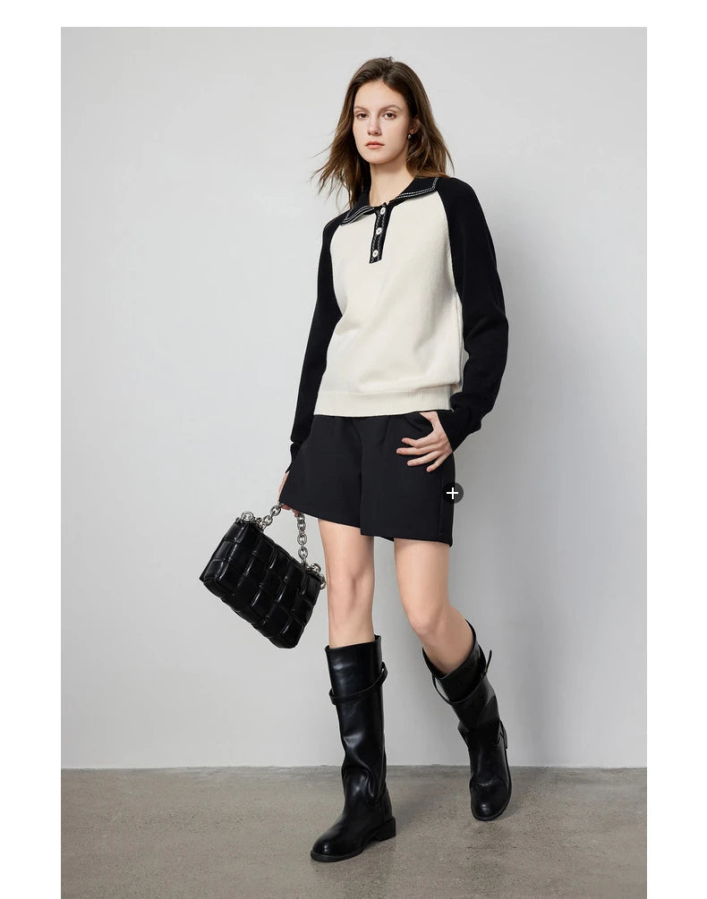 Contrast Polo Collar Pullover Sweater