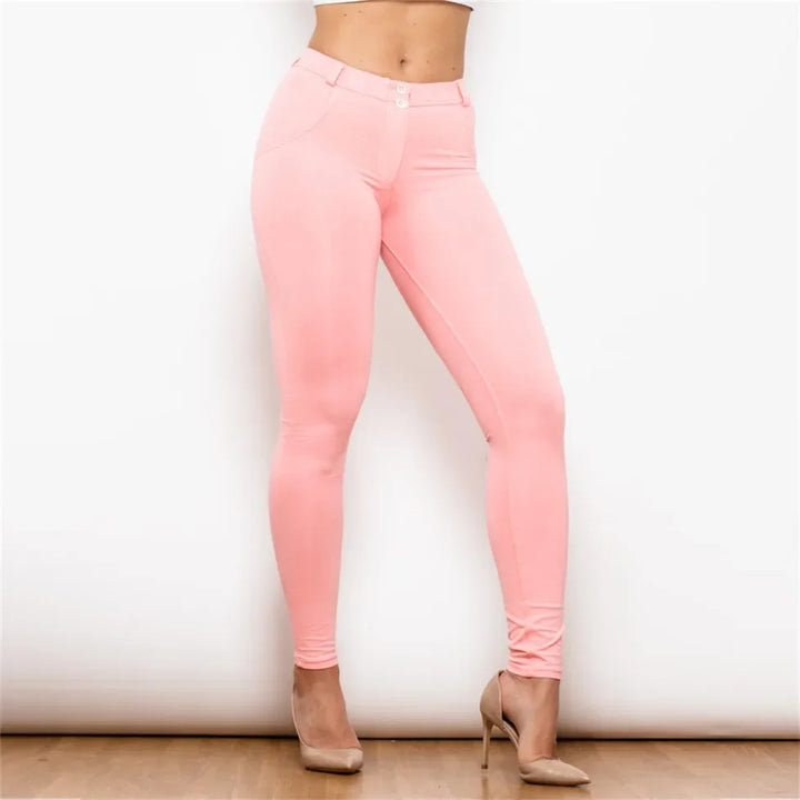 Pink high-rise skinny trousers with button-closure front and shaped back panels