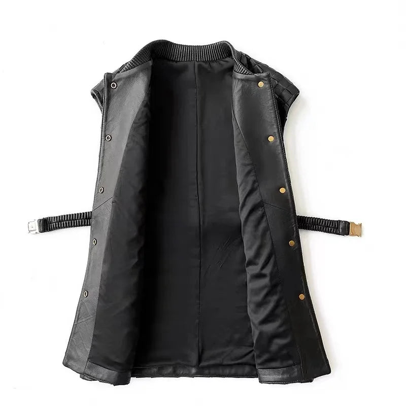 Black sleeveless vest with zip-like center and snap buttons, open front