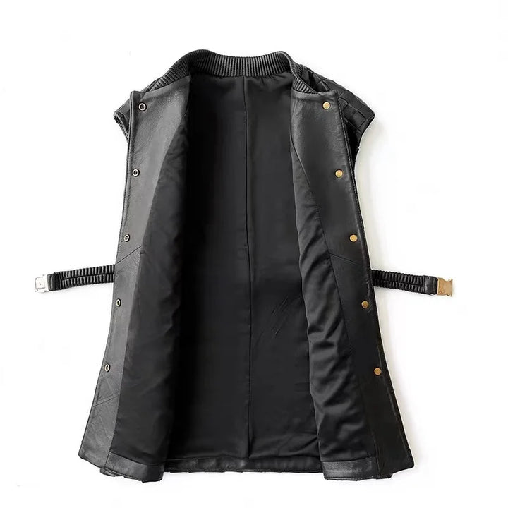 Black sleeveless vest with zip-like center and snap buttons, open front