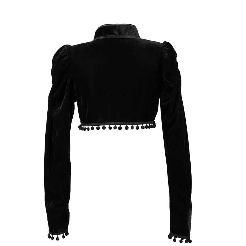 Black long-sleeve crop top back view with high collar and tassel-trim hem