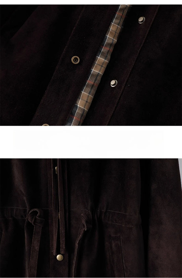 Dark brown jacket detail with contrast plaid lining and gold button placket