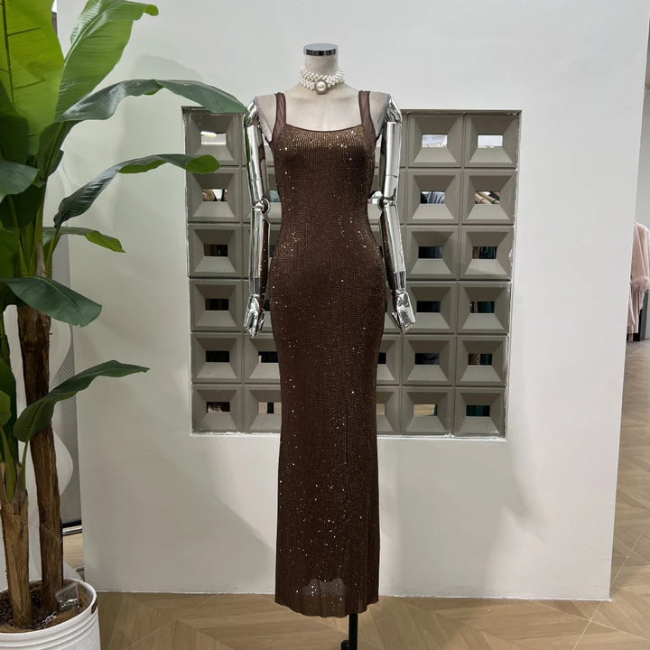 Elegant Full Rhinestones Backless Maxi Dress