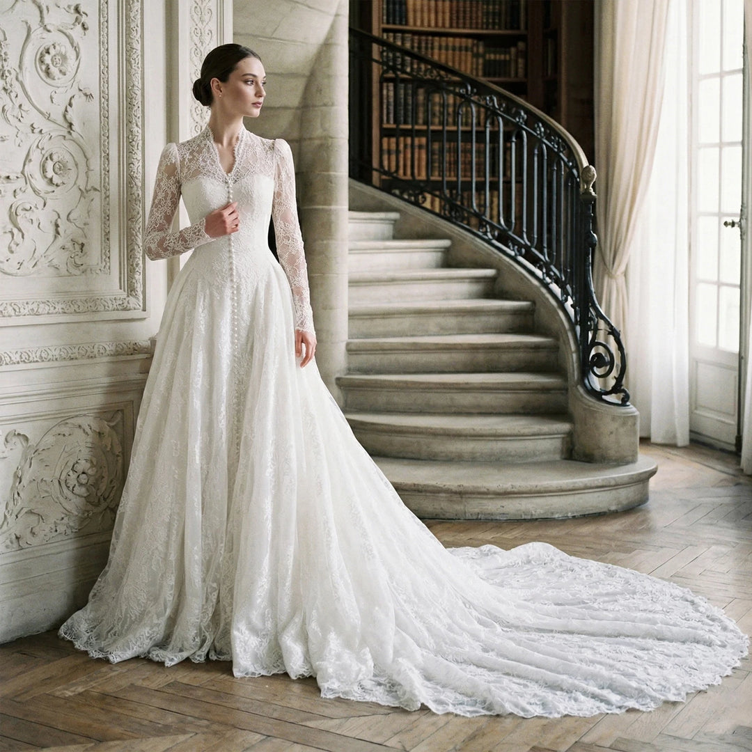 White A-line bridal gown with lace long sleeves, V-neck, and button-front bodice