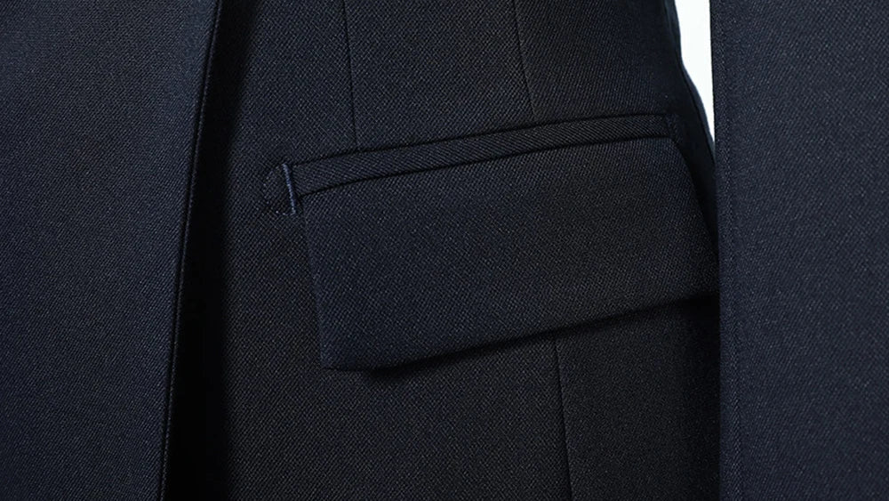 Navy blazer flip pocket design on skirt suit jacket