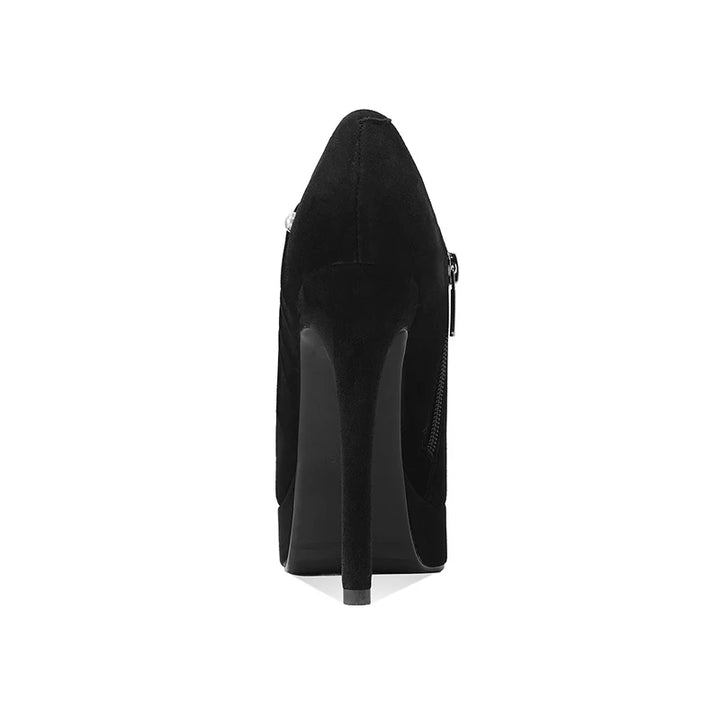Black suede high-heel ankle pump, back view with zipper detail