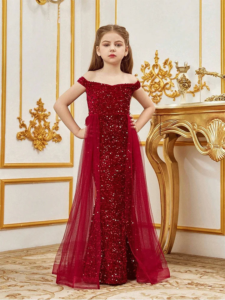 Robe de soirée sans manches en tulle pailleté pour fille